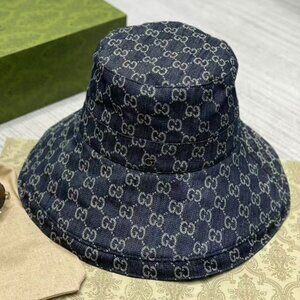 Gucci Wide Brim Navy Monogram Bucket Hat Size Medium